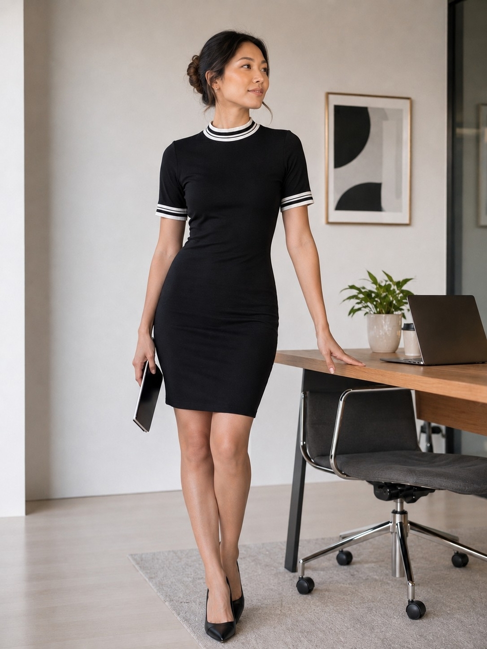 Black Short Sleeve Ribbed Mock Neck Bodycon Dress